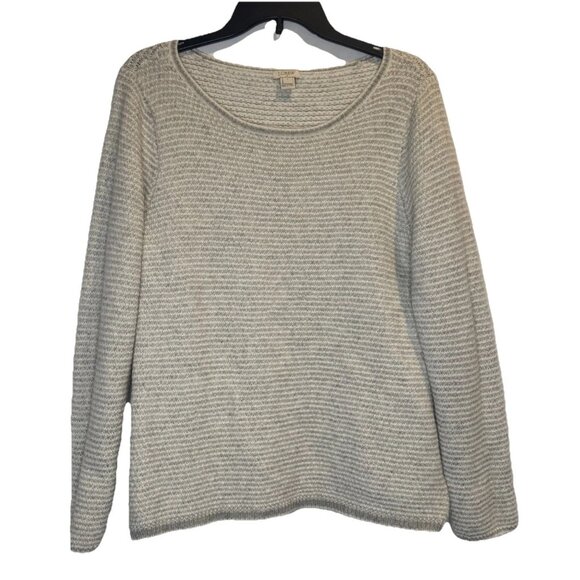 J. Crew Women’s Gray Striped Merino Wool Blend Crew Neck Sweater Top Sz Large - Picture 1 of 9